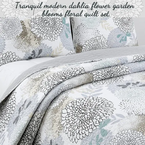 Miniatura 3 de Cozy Line Home Fashions Nina Trista Flowers - Juego de ropa de cama reversible 100% algodón con cinta azul aguamarina, estampado floral gris, colcha