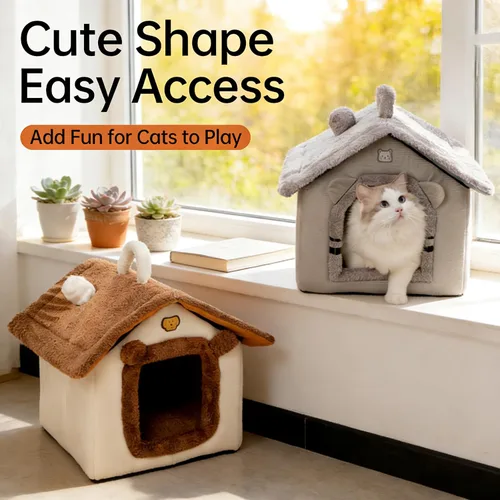 Miniatura 4 de Cama para gatos de interior, cama tipo cueva de gato con diseño de dibujos animados, diseño de mango, escondite suave para interiores, bonita casa