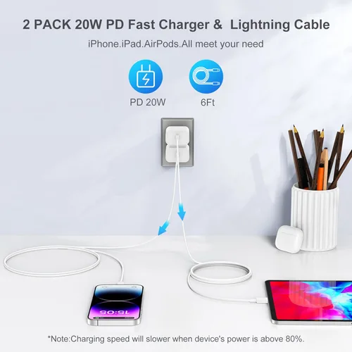Miniatura 3 de Cargador para iPhone de carga rápida original [certificado Apple MFi], paquete de 2 bloques de carga de pared tipo C con 2 cables USB C a Lightning
