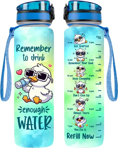 Botella de agua de 32 onzas, botella de agua con marcador de tiempo, botella de agua con aislamiento motivacional de pato, regalos para amigos de
