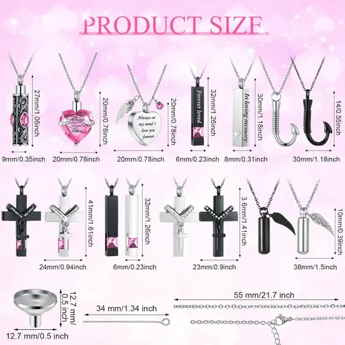 Miniatura 37 de 16 piezas de collar de urna para cenizas, medallón de cenizas talladas de acero inoxidable impermeable con 8 kit de relleno, cilindro de corazón