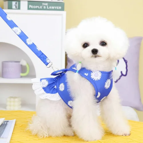 Miniatura 4 de BAEJMJK Juego de arnés y correa para perros pequeños, vestido de cachorro con lazo floral para niña, transpirable, lindo vestido de princesa