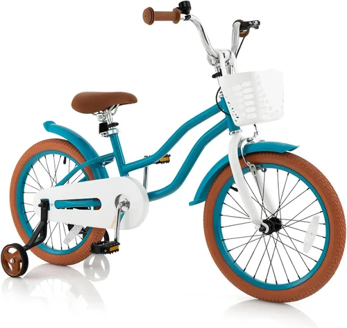 Miniatura 23 de COSTWAY Bicicleta para niños de 12, 14, 16, 18 pulgadas, bicicleta para niños con ruedas de entrenamiento, frenos de mano y posavasos, sillín