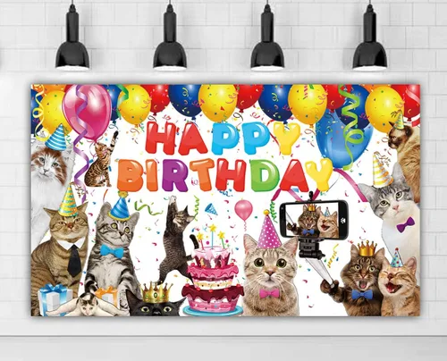 Miniatura 6 de Cartel de fondo de feliz cumpleaños de gato de 6 x 3.6 pies, decoración de suministros de fiesta de gatitos, telón de fondo con temática de patas