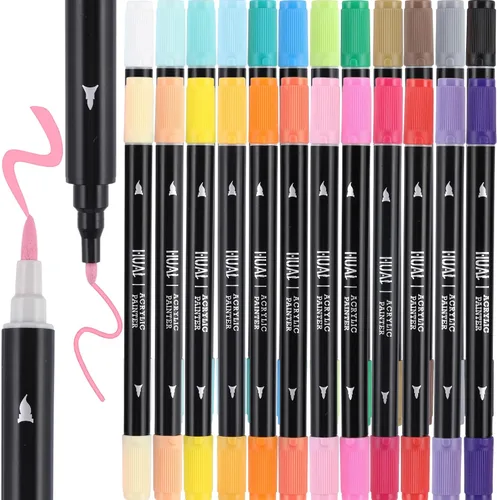 HUAL Bolígrafos de pintura acrílica de doble punta, 24 colores finos y marcadores de punta de pincel para artistas profesionales, manualidades de