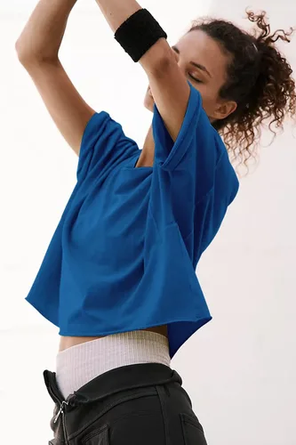 Miniatura 3 de Camisetas cortas extragrandes de entrenamiento de para mujer, estilo informal, de manga corta, hombros caídos, con dobladillo enrollado, básicas