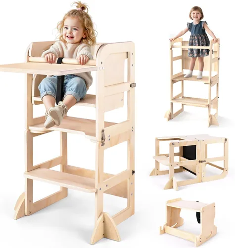 Miniatura 8 de Woodure Taburete de cocina 4 en 1 para niños, torre de pie plegable de aprendizaje con pizarra, taburete de cocina de madera para niños, regalos