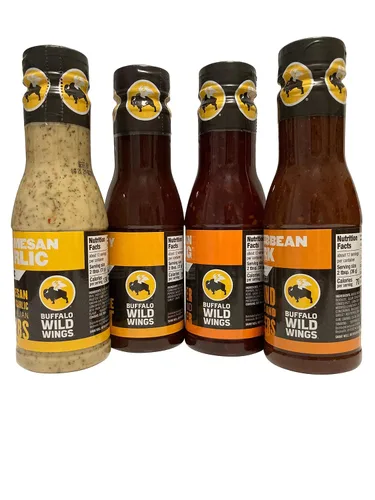 Miniatura 3 de Buffalo Wild Wings Paquete de muestras variadas de salsas, ajo parmesano, barbacoa de miel, zing asiático, jerk caribeño, 12 onzas cada uno