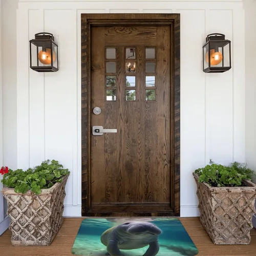 Miniatura 7 de Tapete para puerta delantera, bonito tapete de bienvenida con estampado de animales marinos y manatíes, absorbente, antideslizante, tapete