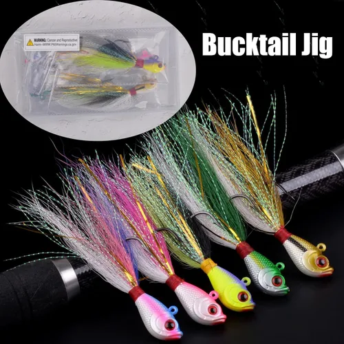 Miniatura 6 de Bucktail Jigs - Señuelo de agua salada para platija de bajo, 5 piezas de cola de cubo para cabello de cola de cubo, anzuelos de cola de cubo