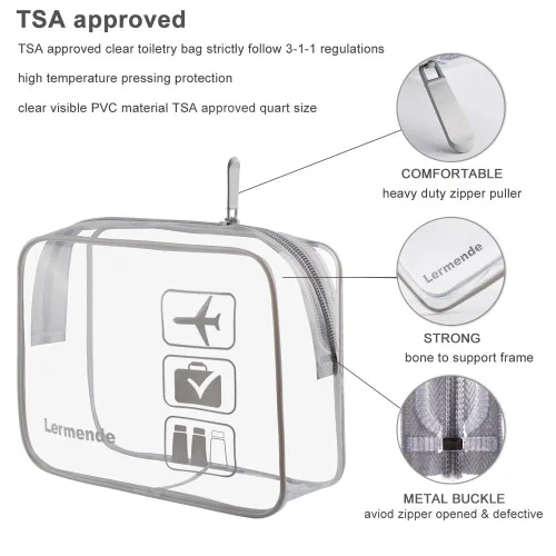 Miniatura 2 de Bolsa de aseo transparente Lermende aprobada por la TSA, bolsa de viaje de mano, bolsa de equipaje de mano de un cuarto, tamaño 3-1-1, bolsa de aseo