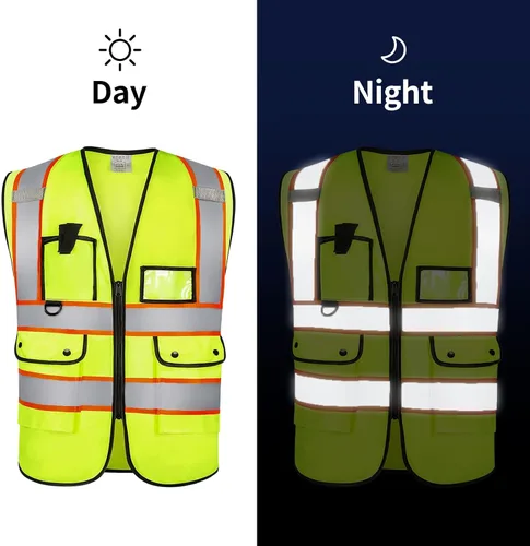 Miniatura 3 de Chaleco Reflectante Clase 2 de Seguridad ANSI con Bolsillos y Cremallera de Alta Visibilidad Uniforme de Construcción D-amarillo-1pack-personalizado