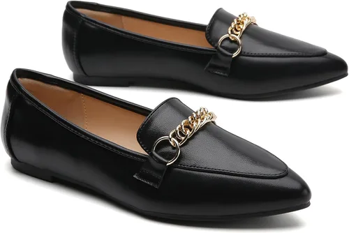 Miniatura 4 de Tilocow Mocasines de cadena de metal para mujer, puntera puntiaguda, zapatos de trabajo cómodos y a la moda
