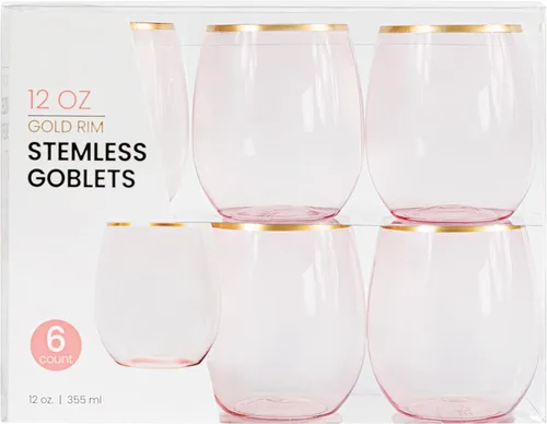 PLASTICPRO Paquete de 6 Copas de Vino de Plástico Rosa con Borde Dorado Sin Tallo Desechables de 12 oz Sin BPA Irrompibles Vasos de Plástico Copas
