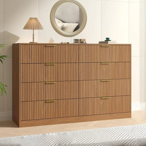 Miniatura 6 de Cómoda negra con 7 cajones, cómoda acanalada de 55 pulgadas de ancho para dormitorio con mango de metal, cómoda, soporte de TV de madera para Negro