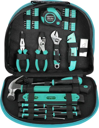 Miniatura 4 de Amazon Basics Juego de herramientas con bolsa redonda de fácil transporte, 104 piezas, rosa, 14.4 x 11.4 x 3 pulgadas