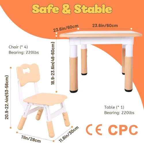 Miniatura 6 de FUNLIO Juego de mesa y 4 sillas para niños, juego de mesa y sillas para niños de 3 a 8 años, fácil de limpiar, mesa de artes y manualidades