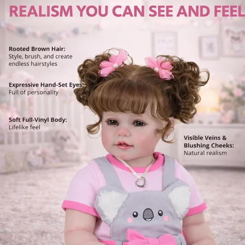 Miniatura 3 de Koala Cuddles - Muñeca realista Reborn de 22 pulgadas con pelo enraizado, cara pintada a mano en 3D y cuerpo de vinilo suave completo, atuendo rosa