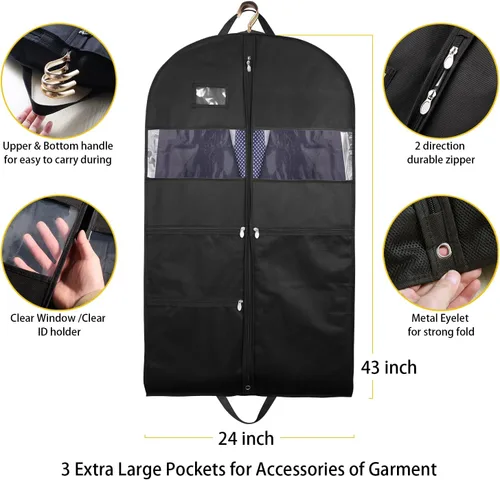 Miniatura 5 de Bolsas de ropa para viajes, paquete de 2 bolsas de ropa colgantes de 43 pulgadas para hombres, cremallera de doble cara y 3 bolsillos grandes