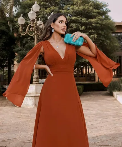 Miniatura 4 de Vestido de dama de honor de manga larga con tapa para mujer, vestido formal de gasa plisada larga con abertura alta