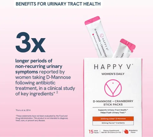 Miniatura 5 de Happy V Paquetes de D-Mannose + Cranberry Stick Suplemento de apoyo del tracto urinario formulado por Dr. Suplementos de manosa D para mujeres
