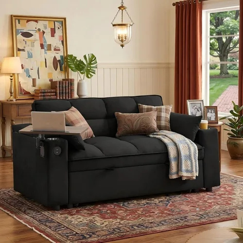 Eafurn Sofá cama convertible con mesa giratoria de 360° y puertos USB, sofá biplaza de felpilla copetudo, sofá biplaza extraíble con reposabrazos de