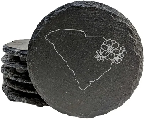 Rustic Slate Coasters Set of 4 - South Carolina Design with Flower for Holidays, Birthdays, Housewarming - 4" Round or Square - Made in Oregon, USA