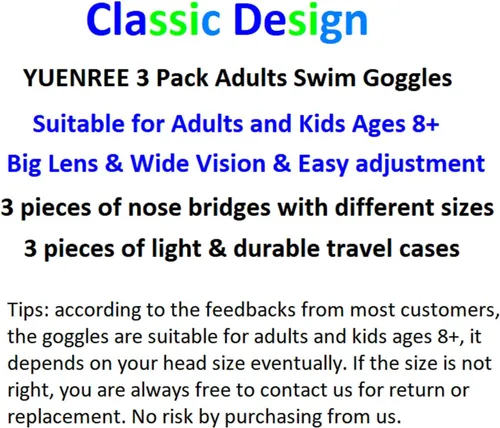 Miniatura 2 de Paquete de 3 gafas de natación para adultos y niños a partir de 6 años, sin fugas, antivaho con protección UV, con 3 fundas duras de viaje