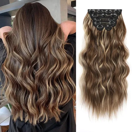 Miniatura 29 de Extensiones de cabello con clip de Vigorous de 20 pulgadas, con reflejos rubio playa, extensiones de cabello ondulado largo y suave de cabello