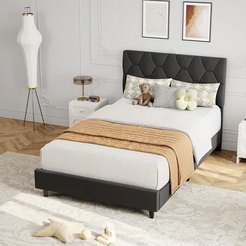 Miniatura 14 de GarveeHome Base de cama Twin XL beige con cabecera tapizada, base de cama de plataforma resistente con cabecera ajustable, soporte fuerte