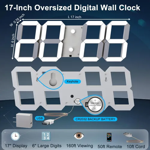 Miniatura 6 de CHKOSDA Reloj de pared digital LED 3D de 17 pulgadas con control remoto 164ft Visibility, Adjustable Brightness, Timer, 12/24 Hr Time, Date &