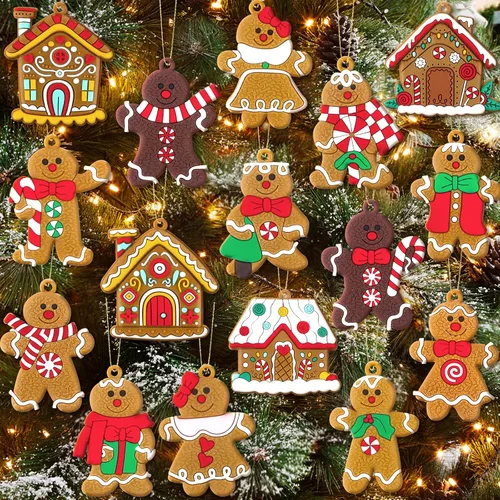 16 piezas de adornos de hombre de jengibre para árbol de Navidad, decoraciones navideñas de pan de jengibre con adorno de casa de pan de jengibre