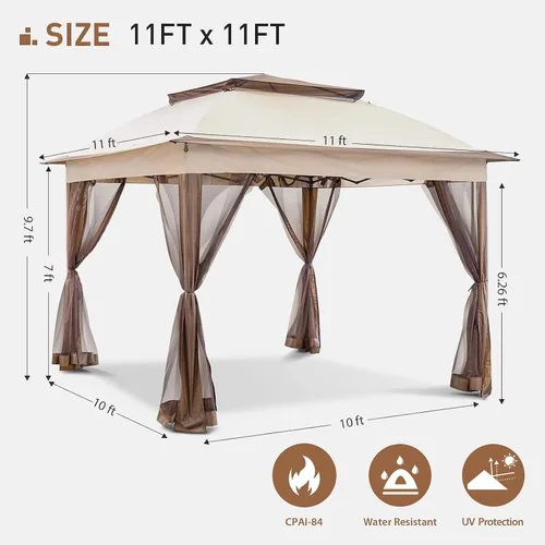 Miniatura 5 de Joyside Cenador desplegable de 11 x 11 pies para patio con paredes laterales y mosquitera, tienda de campaña para exteriores para bodas (beige)