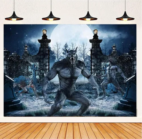 Telón de fondo de fotografía de hombre lobo, noche de Halloween, fondo de cementerio aterrador, decoración de póster de baño de bebé, decoración de