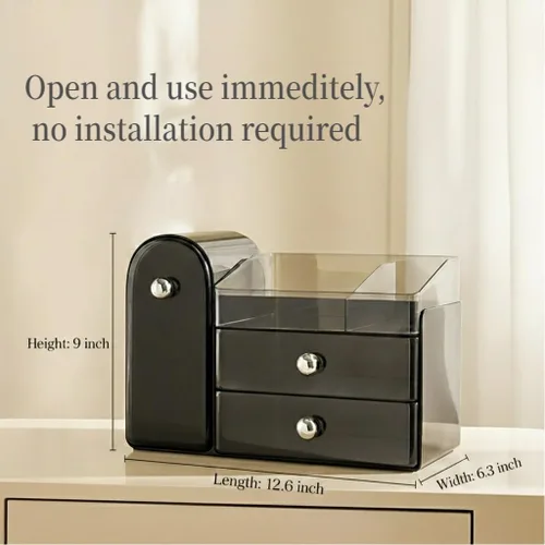 Miniatura 5 de Bird&Fish Organizador de maquillaje con soporte deslizante para cepillos, organizador transparente para el cuidado de la piel con cajones, Negro
