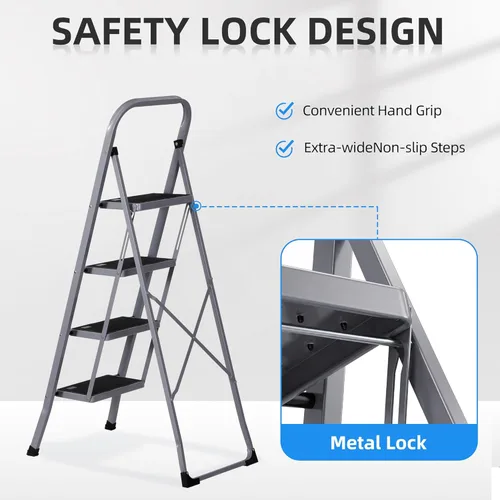 Miniatura 3 de JungleA Escalera de Tijera, Escalera Plegable de 4 Escalones para Adultos, con Pedal Antideslizante Ancho, Capacidad de Carga de 330 libras, Gris