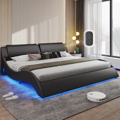 Miniatura 10 de DICTAC - Marco de cama Queen con luces LED y puertos de carga, cama moderna tapizada tamaño Queen con cabecera, marco de cama de plataforma