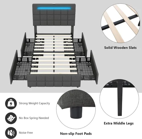 Miniatura 8 de KOMFOTT Base de cama individual con estación de carga y luces LED, base de cama de plataforma tapizada con cabecera ajustable y 4 cajones