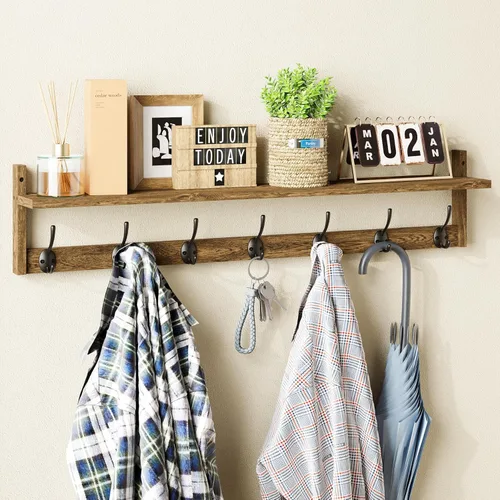 Miniatura 12 de BAMEOS Ganchos de pared de 35" L con estante, ganchos para abrigos de entrada, estante de madera para colgar en la pared, perchero montado en pared