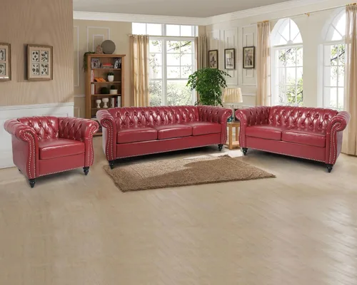 Miniatura 17 de RARZOE Moderno sofá Chesterfield de poliuretano de 3 plazas, sofá Chesterfield tapizado de piel con botones capitoné, sofá clásico de piel sintética