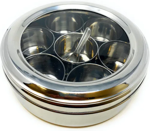 Miniatura 4 de Caja de especias Rani de acero inoxidable transparente redonda para almacenamiento (Masala Dabba) de 7 compartimentos, con cuchara