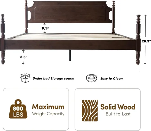 Miniatura 2 de Base de cama de plataforma de madera maciza tamaño King con cabecera y estribo, base de 12 listones fuertes, patas de metal, no necesita somier