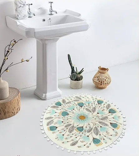 Miniatura 8 de Uphome Alfombra Redonda Pequeña de 2' Círculo Tapete de Baño Lindo con Pompones Flecos Diseño Floral de Plantas Alfombras de Baño Lavables Suaves