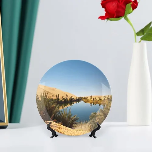 Miniatura 6 de XISUNYA Plato decorativo de 6 pulgadas, artesanía de cerámica del desierto, Oasis idílico Awbari Sand Sea Sahara Libia Pond Print Ornament Plate