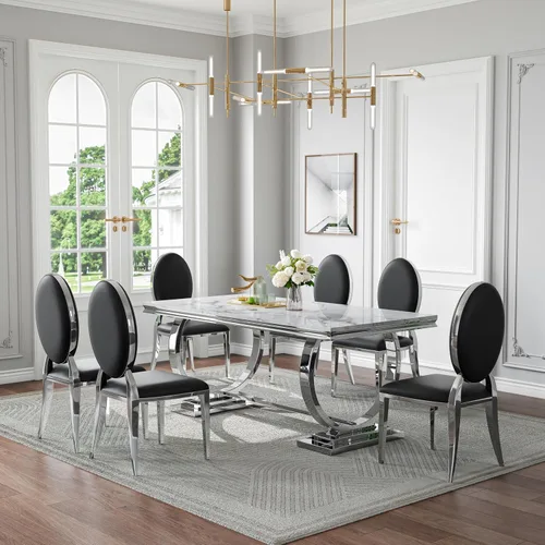 Miniatura 14 de Juego de mesa de comedor de mármol de 70 pulgadas para 6, mesa de cocina grande y sillas de cuero negro, mesas de comedor modernas negras y doradas