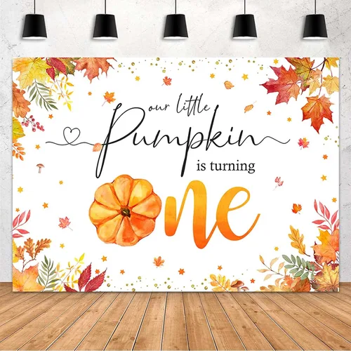 MEHOFOND Decoración de fiesta de primer cumpleaños de calabaza de 7 x 5 pies, telón de fondo con texto en inglés "Little Pumpkin is Turning One",