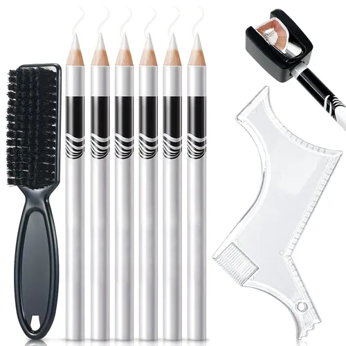 NewBang Juego de 8 lápices de peluquero blancos – Lápices de trazo de afeitar de borde para guía de barba y modelado con sacapuntas, cepillo y regla
