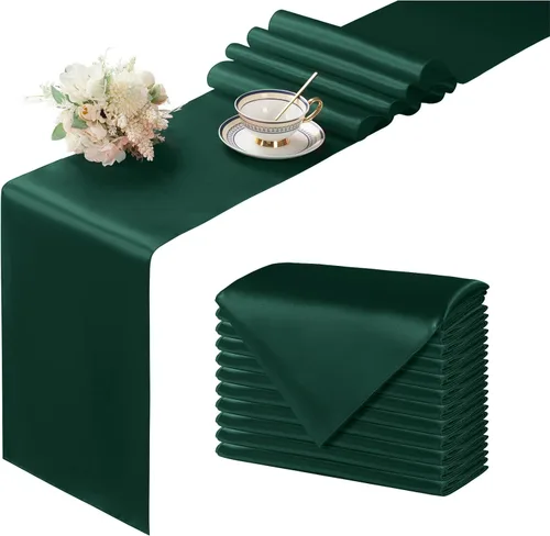 Manyshofu 24 piezas de camino de mesa de satén verde oscuro - 12 x 108 pulgadas de largo, camino de mesa para fiesta, decoraciones brillantes y