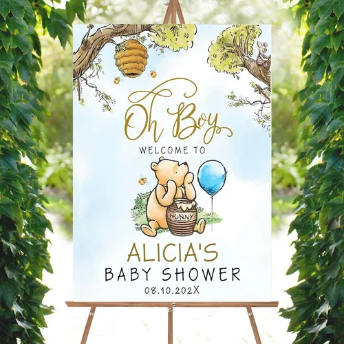 Miniatura 22 de Letrero personalizado para baby shower de oso Pooh, diseño clásico de vegetación personalizada, letrero de bienvenida para patio de baby shower