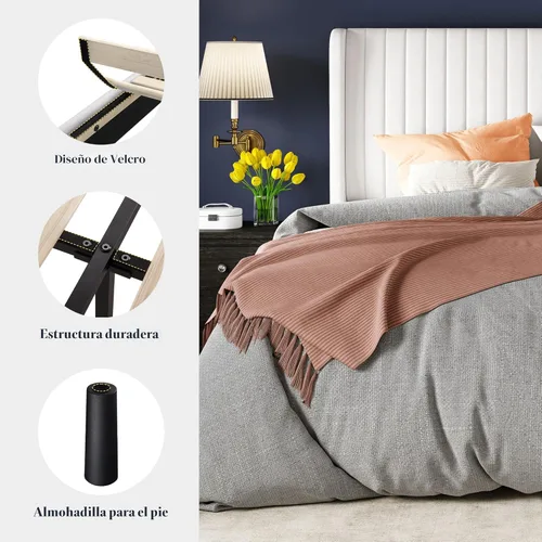 Miniatura 7 de Allewie Marco de cama de terciopelo de tamaño matrimonial, cabecera capitoné vertical con respaldo de ala, plataforma tapizada, listones de madera